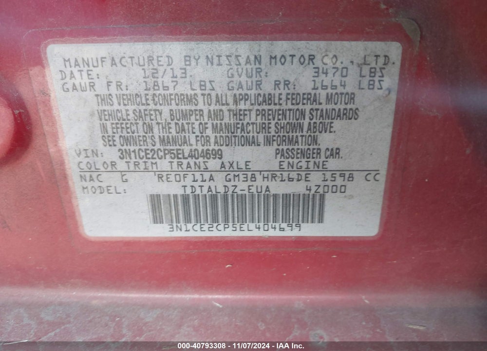 2014 NISSAN VERSA NOTE SV VIN: 3N1CE2CP5EL404699