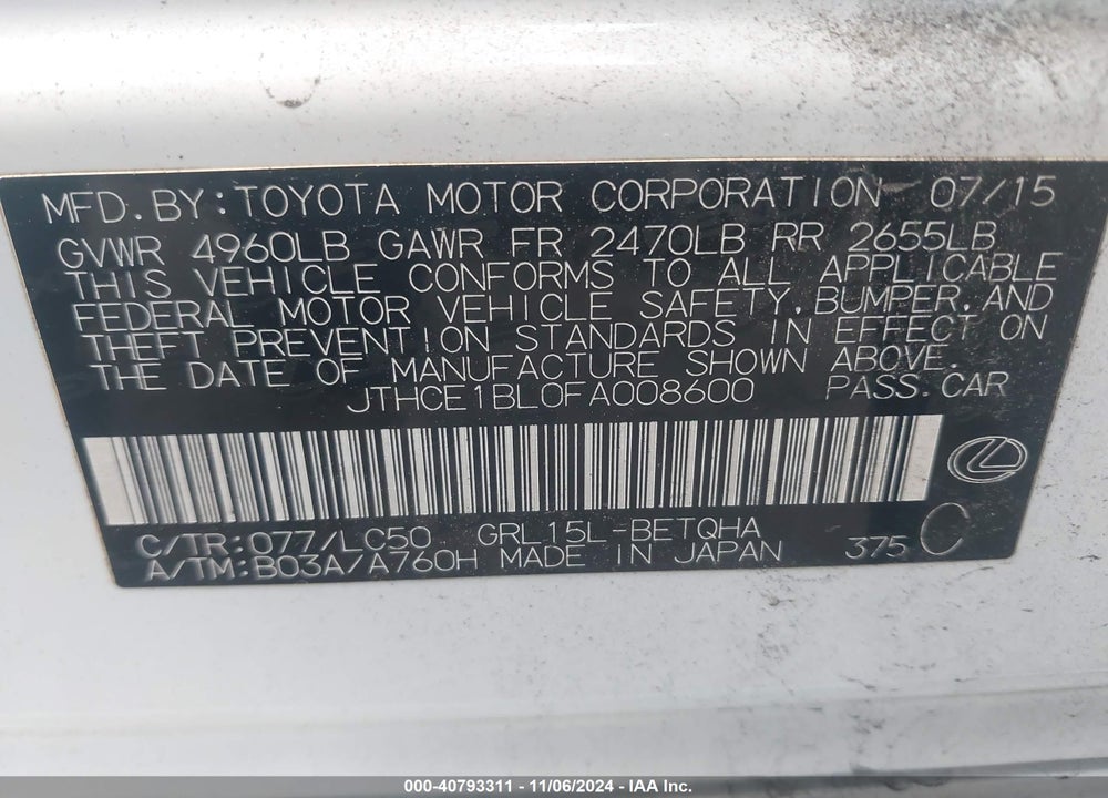 2015 LEXUS GS 350 VIN: JTHCE1BL0FA008600