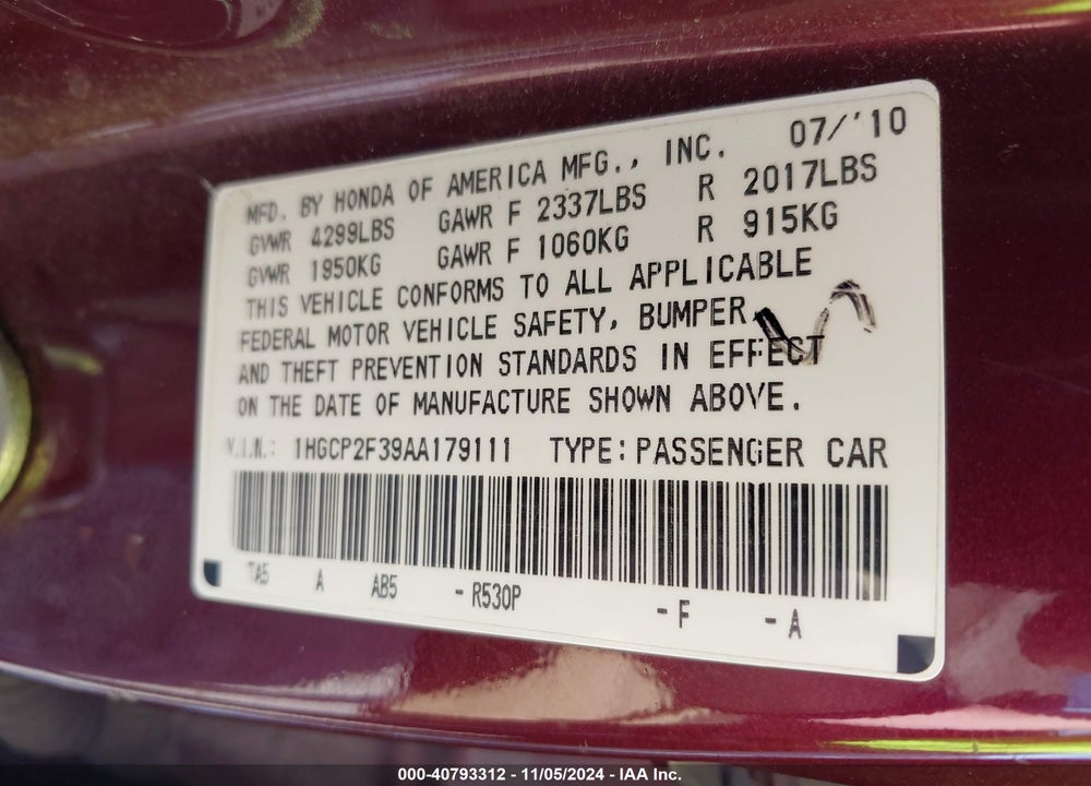 2010 HONDA ACCORD 2.4 LX VIN: 1HGCP2F39AA179111