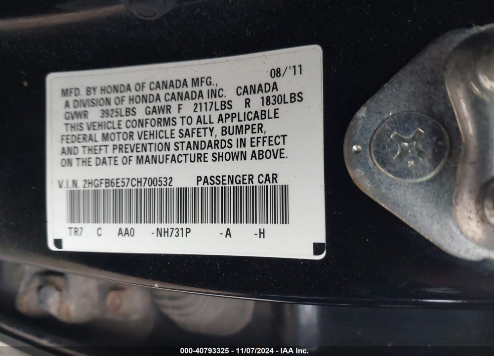 2012 HONDA CIVIC SI VIN: 2HGFB6E57CH700532