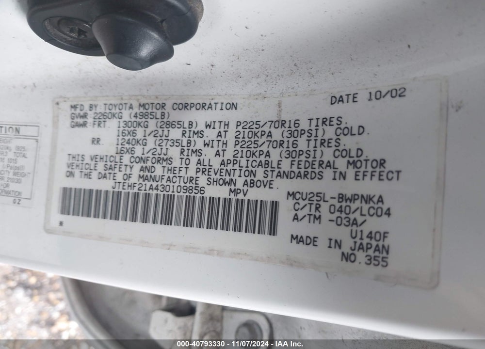 2003 TOYOTA HIGHLANDER LIMITED V6 VIN: JTEHF21A430109856