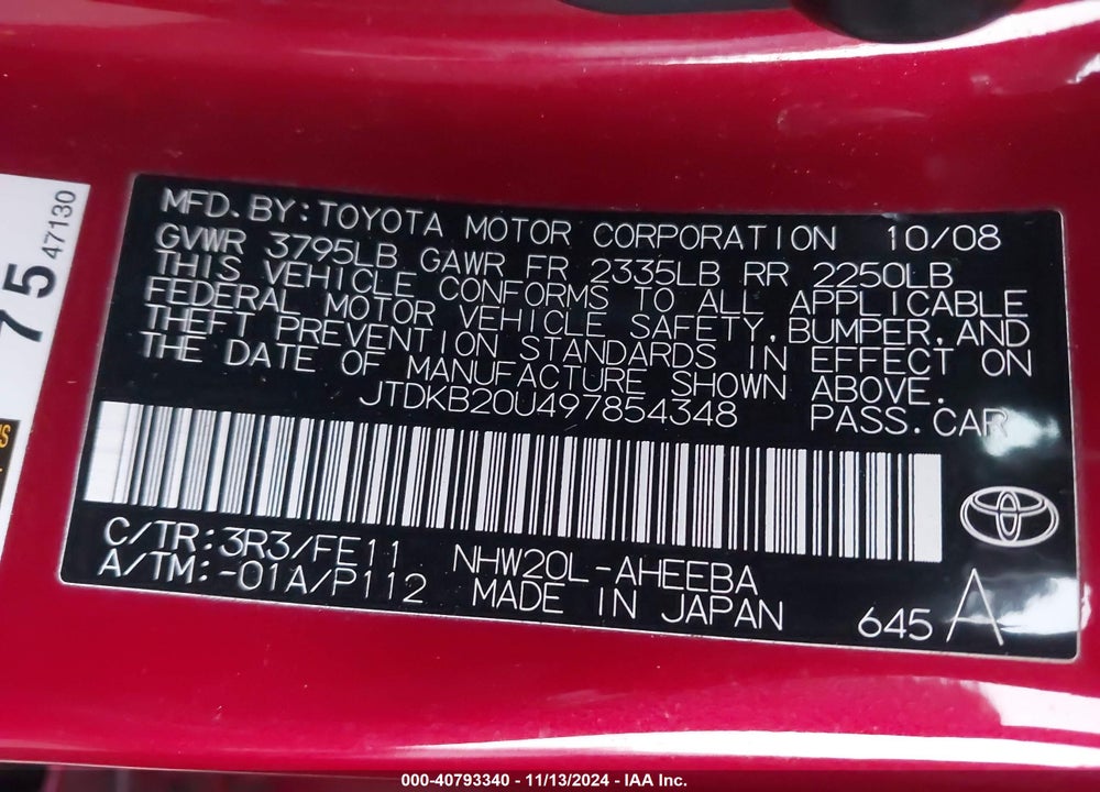 2009 TOYOTA PRIUS VIN: JTDKB20U497854348