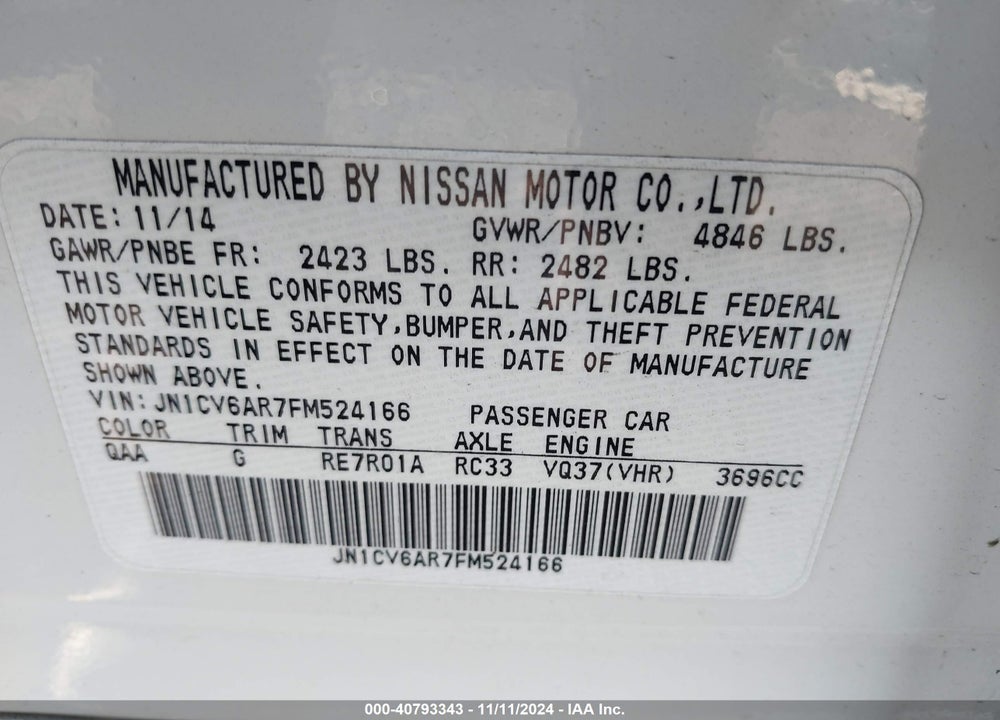 2015 INFINITI Q40 VIN: JN1CV6AR7FM524166