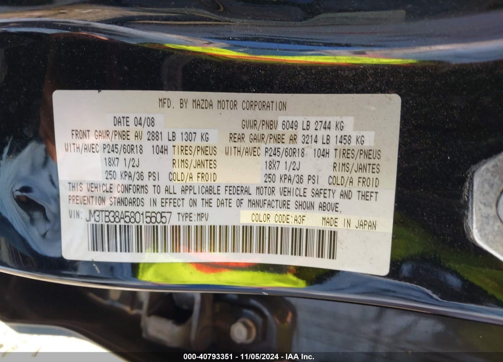 2008 MAZDA CX-9 TOURING VIN: JM3TB38A580156057