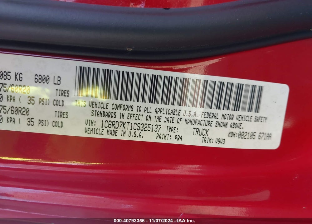 2012 RAM 1500 ST VIN: 1C6RD7KT1CS325137