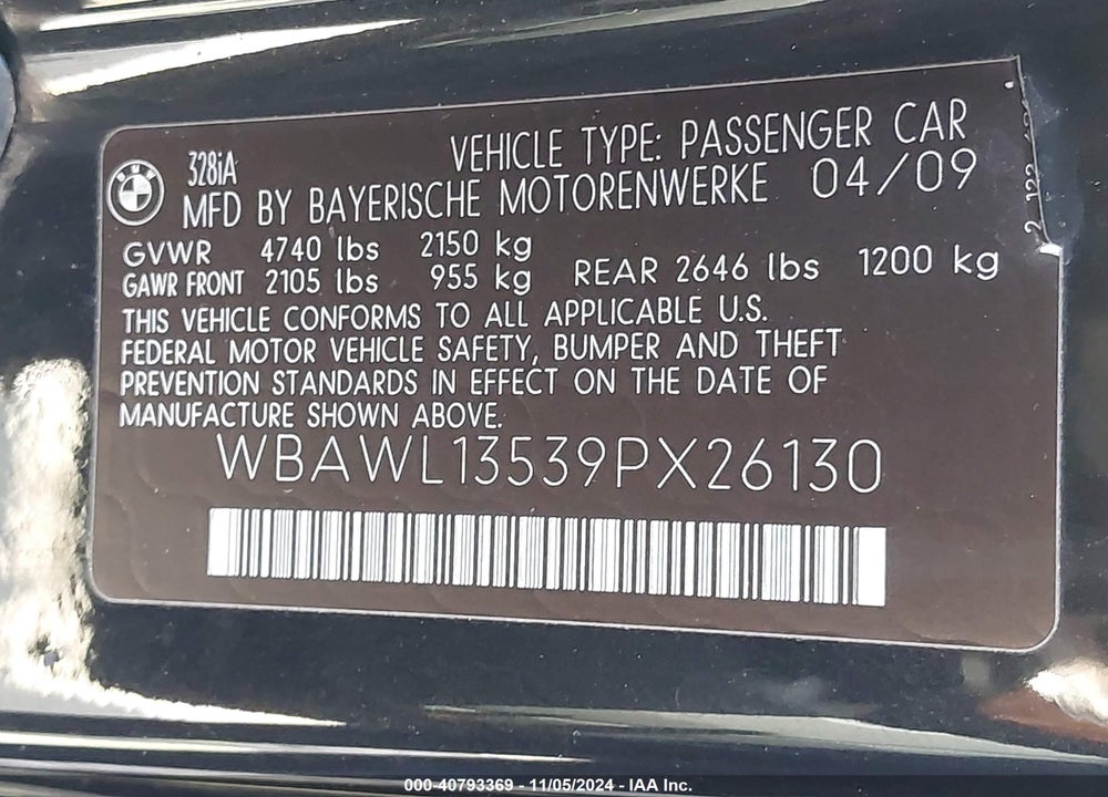 2009 BMW 328I VIN: WBAWL13539PX26130