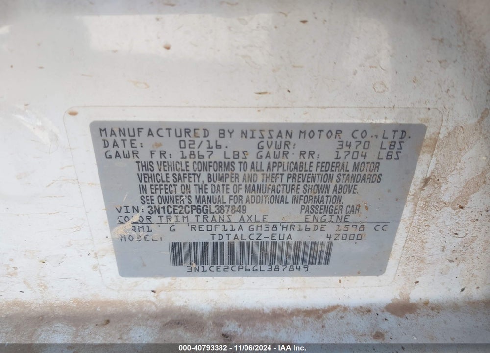 2016 NISSAN VERSA NOTE S PLUS VIN: 3N1CE2CP6GL387849