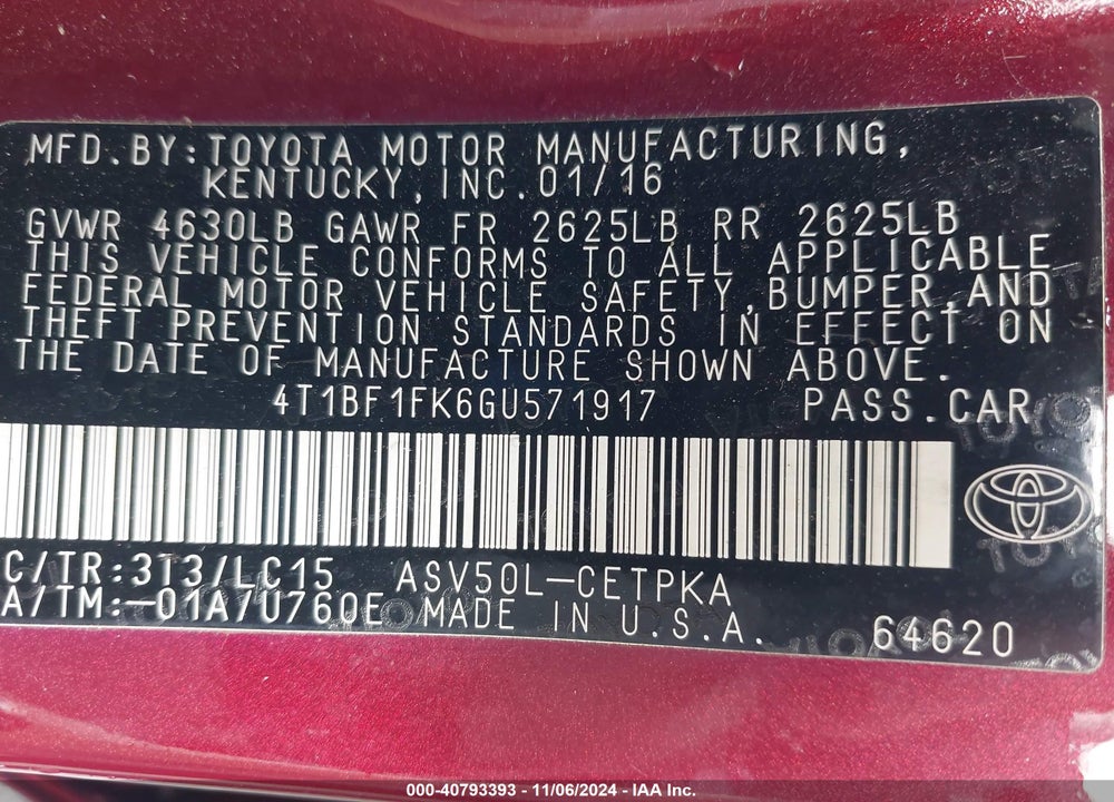 2016 TOYOTA CAMRY XSE VIN: 4T1BF1FK6GU571917