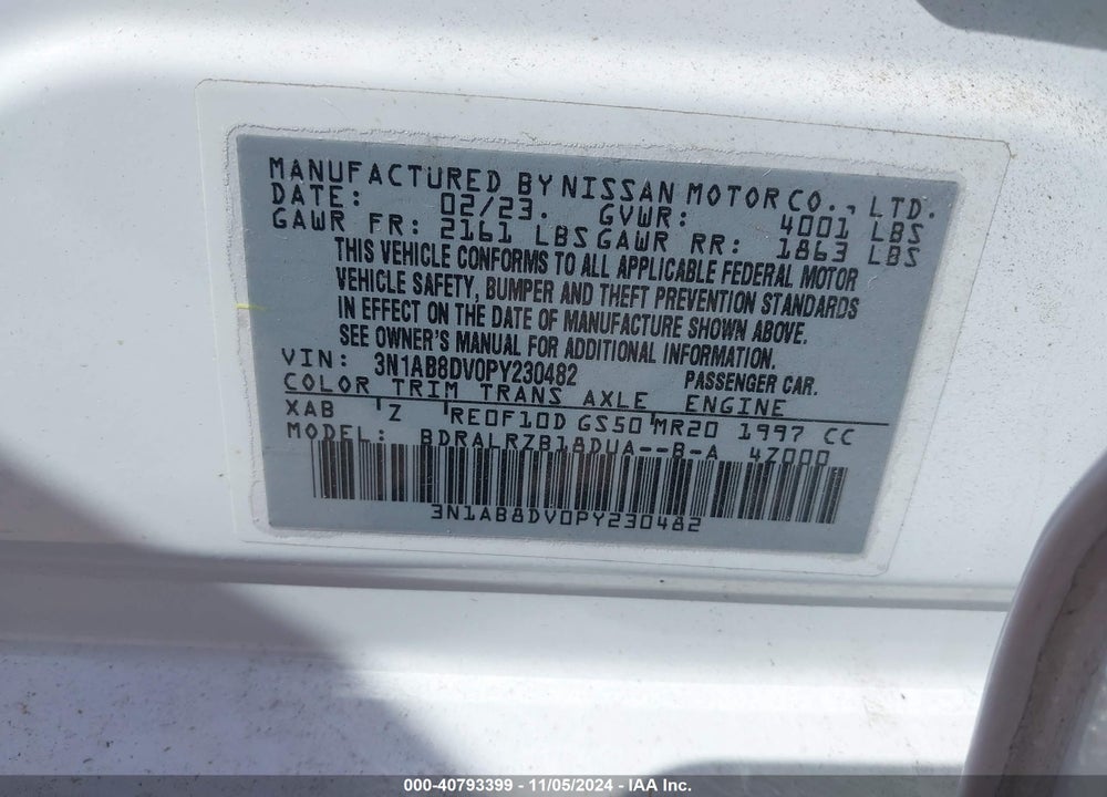 2023 NISSAN SENTRA VIN: 3N1AB8DV0PY230482