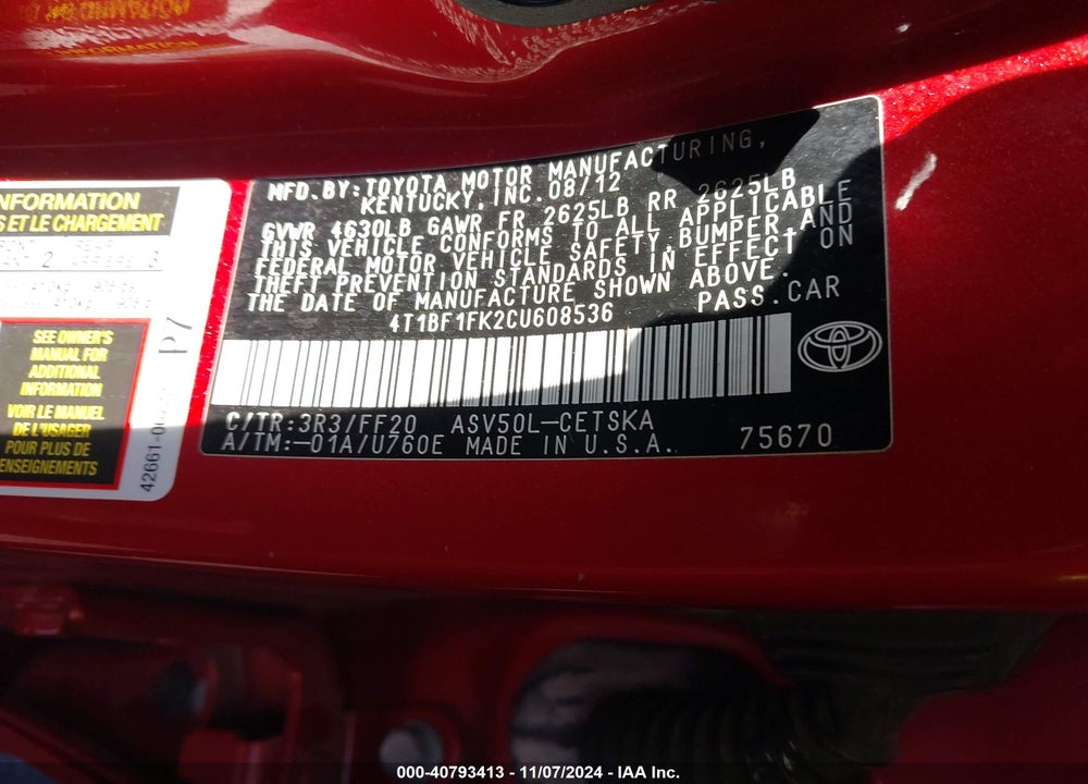 2012 TOYOTA CAMRY SE VIN: 4T1BF1FK2CU608536