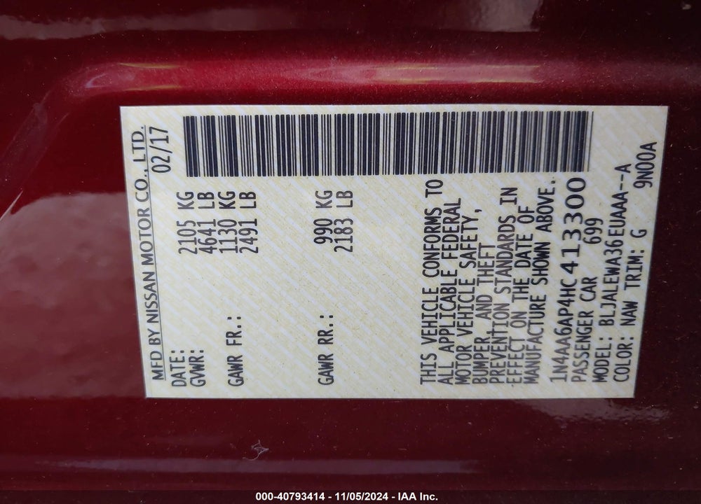 2017 NISSAN MAXIMA 3.5 SL VIN: 1N4AA6AP4HC413300