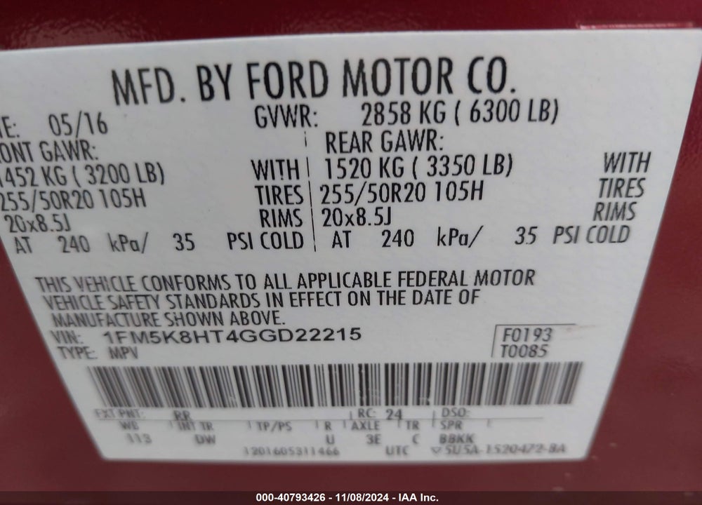 2016 FORD EXPLORER PLATINUM VIN: 1FM5K8HT4GGD22215