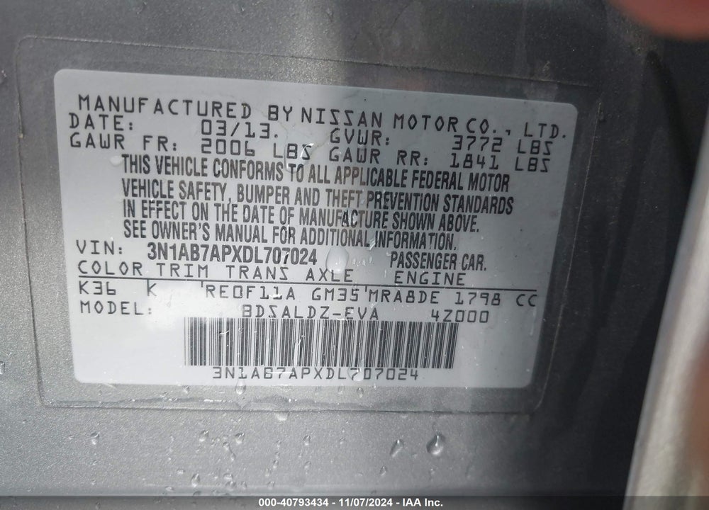 2013 NISSAN SENTRA SV VIN: 3N1AB7APXDL707024