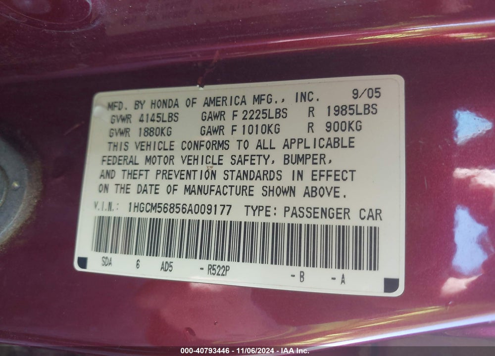 2006 HONDA ACCORD 2.4 EX VIN: 1HGCM56856A009177