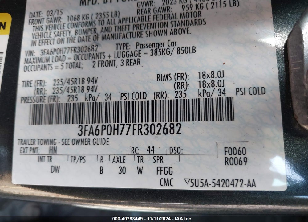 2015 FORD FUSION SE VIN: 3FA6P0H77FR302682