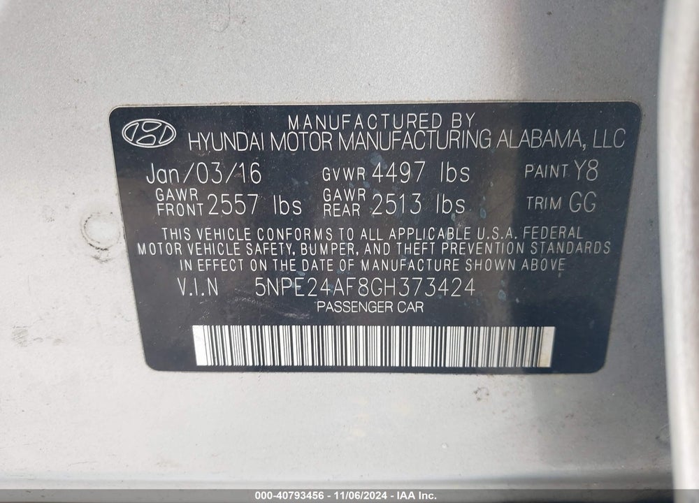 2016 HYUNDAI SONATA SE VIN: 5NPE24AF8GH373424
