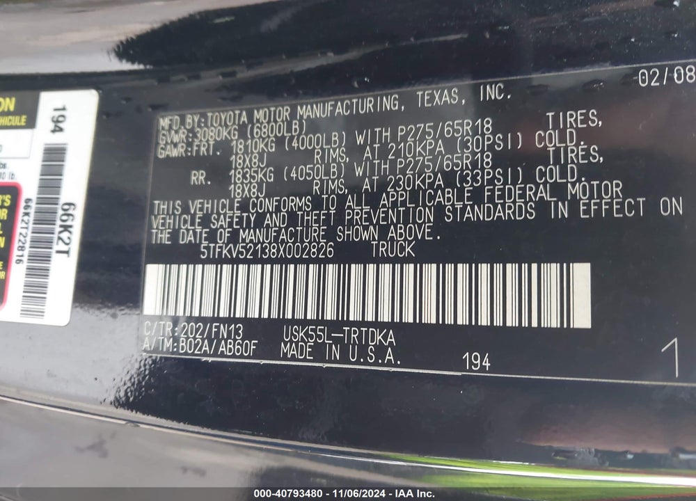 2008 TOYOTA TUNDRA BASE 5.7L V8 VIN: 5TFKV52138X002826