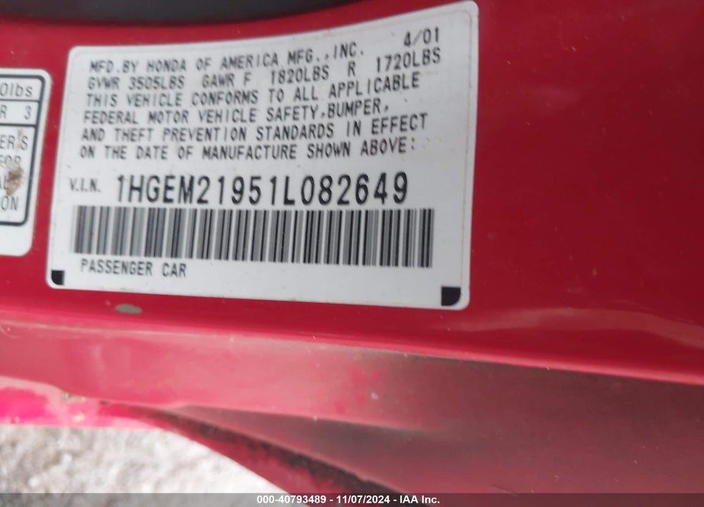 2001 HONDA CIVIC EX VIN: 1HGEM21951L082649