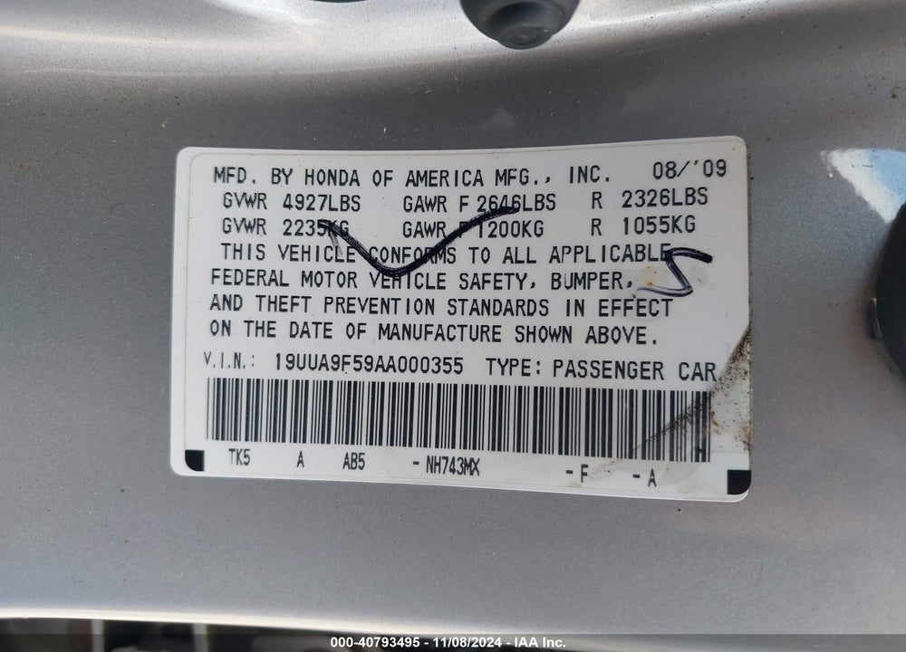 2010 ACURA TL 3.7 VIN: 19UUA9F59AA000355