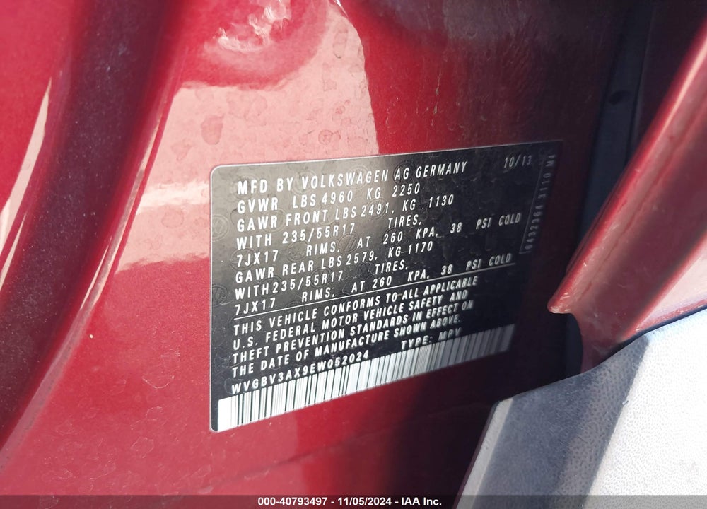 2014 VOLKSWAGEN TIGUAN SE VIN: WVGBV3AX9EW052024