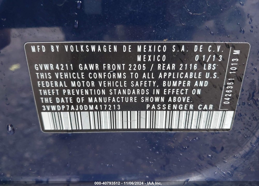 2013 VOLKSWAGEN JETTA 2.5L SE VIN: 3VWDP7AJ0DM417213