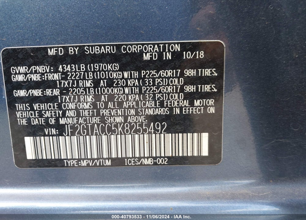 2019 SUBARU CROSSTREK 2.0I PREMIUM VIN: JF2GTACC5K8255492