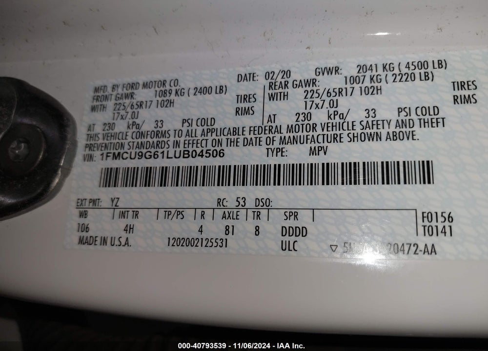 2020 FORD ESCAPE SE VIN: 1FMCU9G61LUB04506