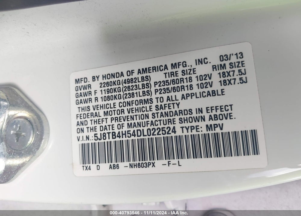 2013 ACURA RDX VIN: 5J8TB4H54DL022524