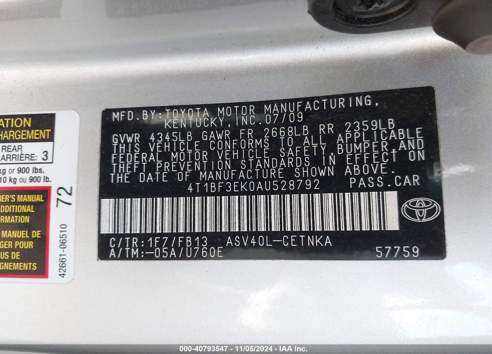 2010 TOYOTA CAMRY LE VIN: 4T1BF3EK0AU528792
