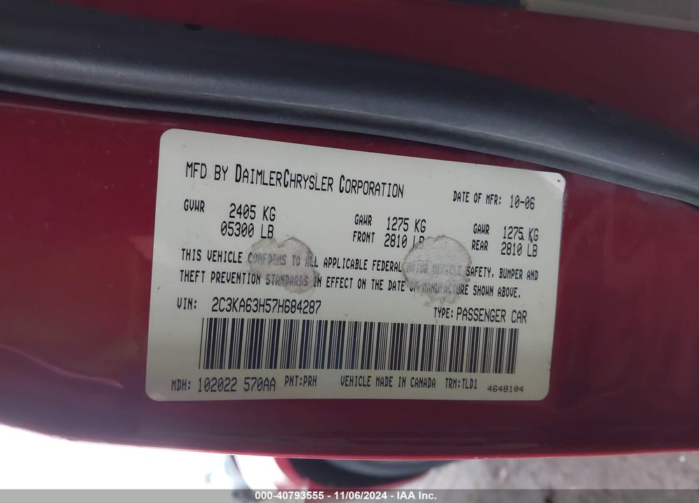 2007 CHRYSLER 300C VIN: 2C3KA63H57H684287