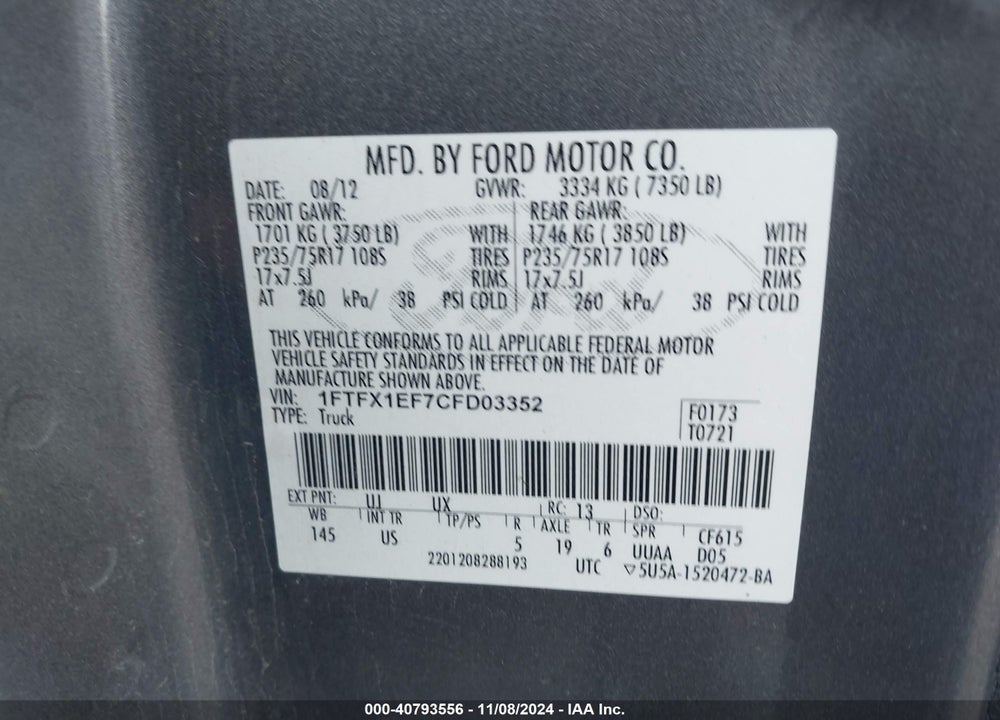 2012 FORD F-150 XLT VIN: 1FTFX1EF7CFD03352