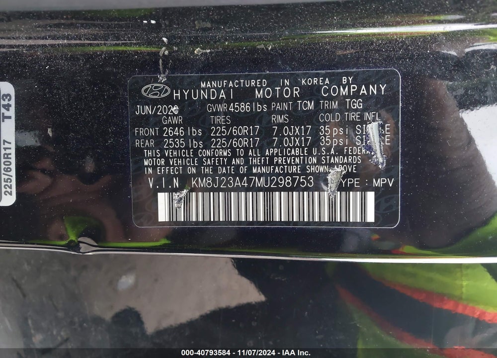 2021 HYUNDAI TUCSON SE VIN: KM8J23A47MU298753