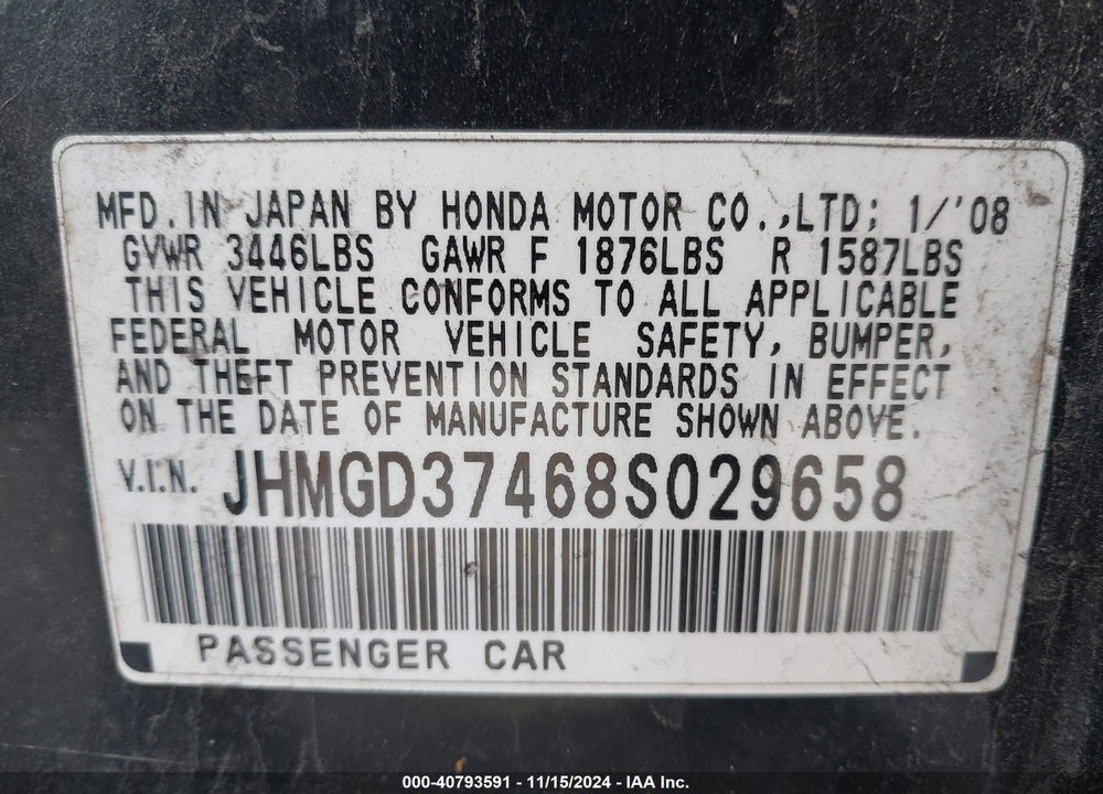 2008 HONDA FIT VIN: JHMGD37468S029658