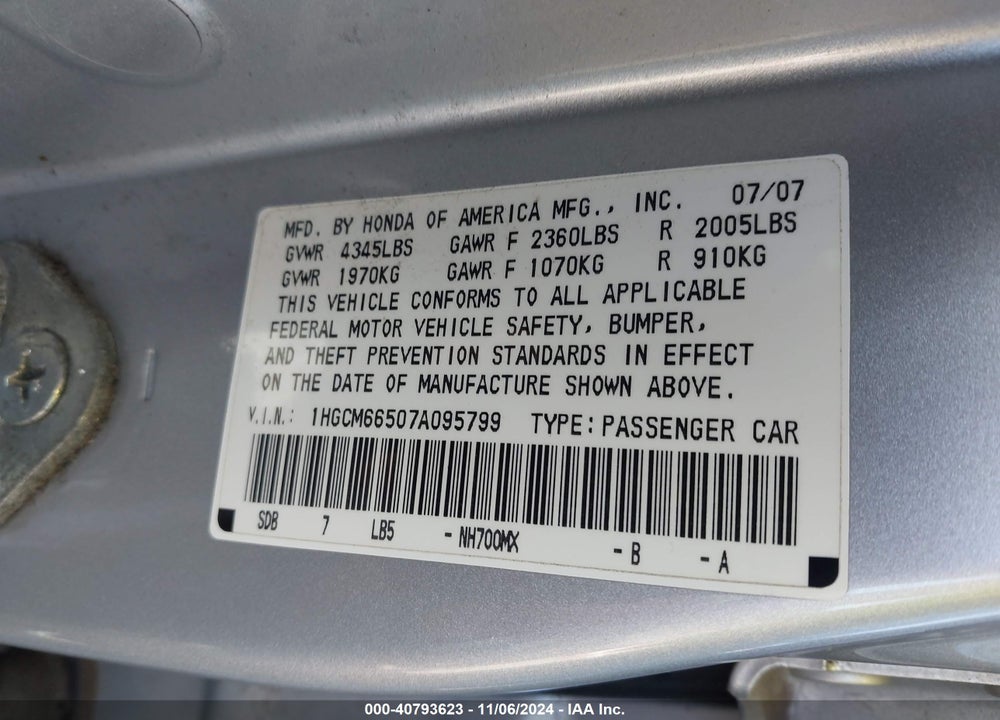 2007 HONDA ACCORD 3.0 EX VIN: 1HGCM66507A095799