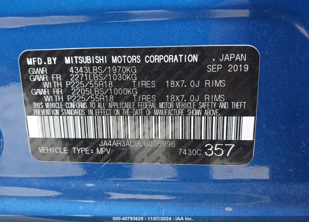 2020 MITSUBISHI OUTLANDER SPORT 2.0 ES VIN: JA4AR3AU9LU006996