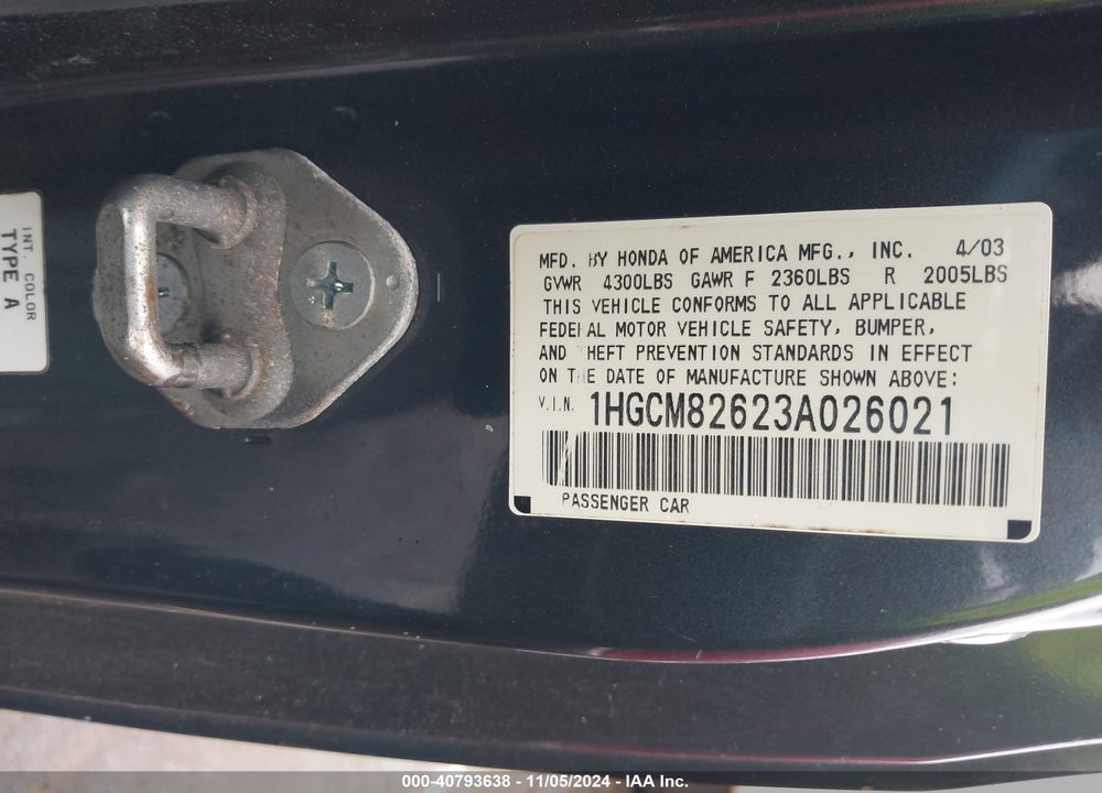 2003 HONDA ACCORD 3.0 EX VIN: 1HGCM82623A026021