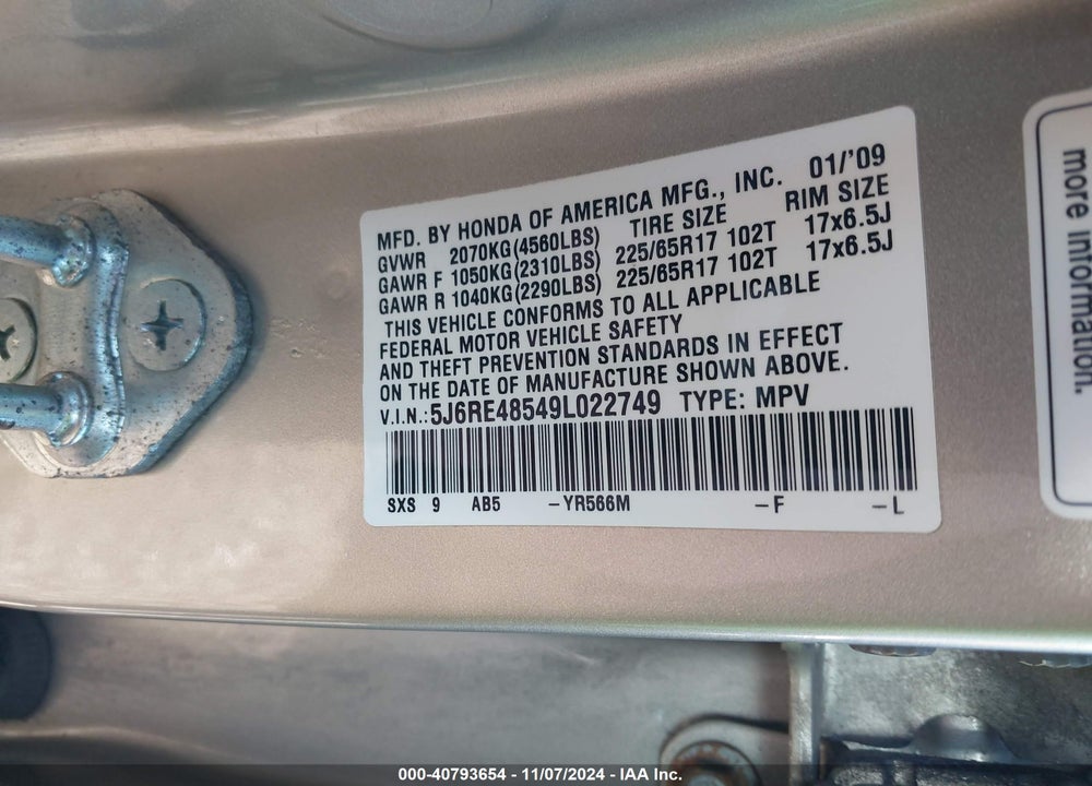 2009 HONDA CR-V EX VIN: 5J6RE48549L022749