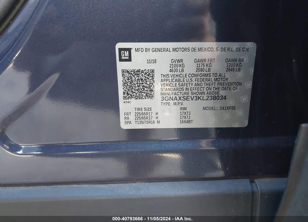 2019 CHEVROLET EQUINOX LS VIN: 3GNAXSEV3KL238034