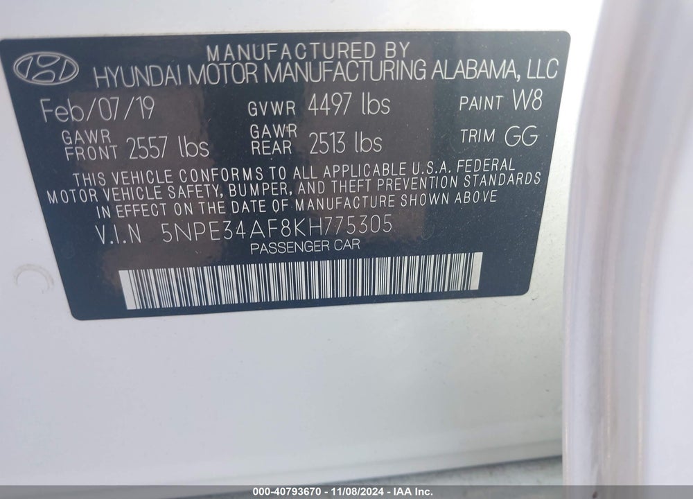 2019 HYUNDAI SONATA SEL VIN: 5NPE34AF8KH775305