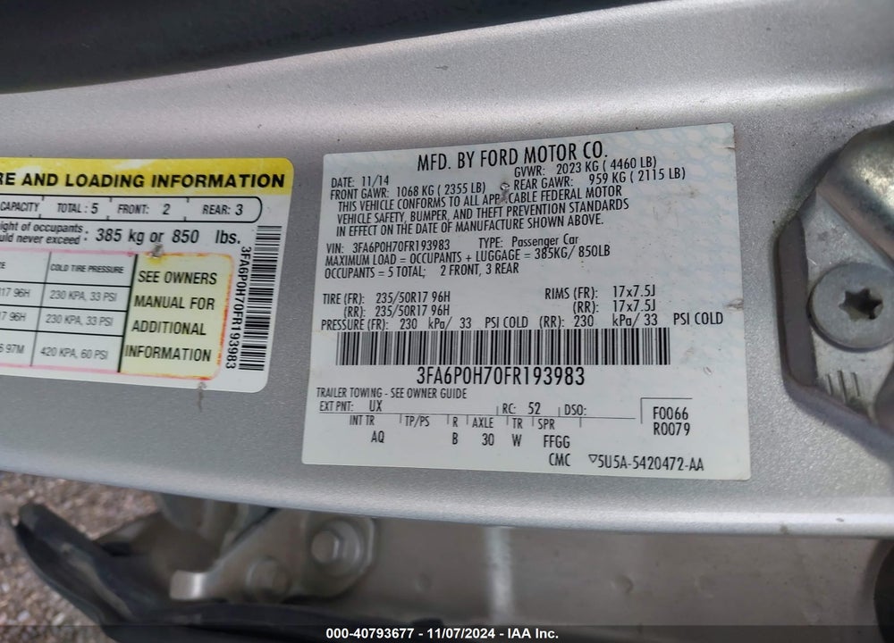 2015 FORD FUSION SE VIN: 3FA6P0H70FR193983