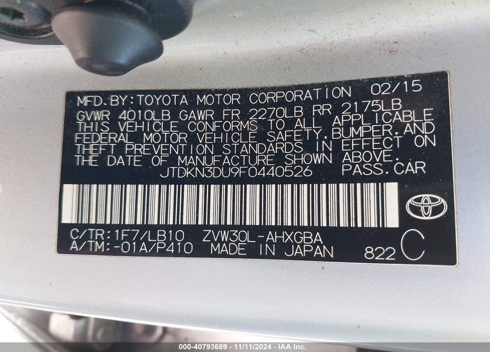 2015 TOYOTA PRIUS VIN: JTDKN3DU9F0440526