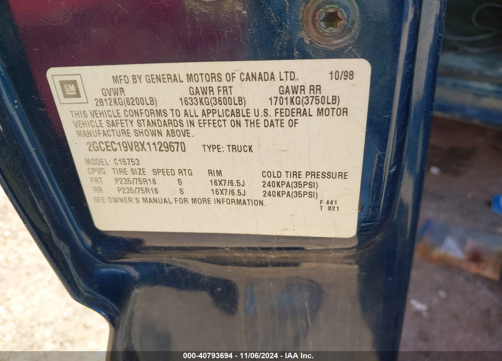 1999 CHEVROLET SILVERADO 1500 LS VIN: 2GCEC19V8X1129670