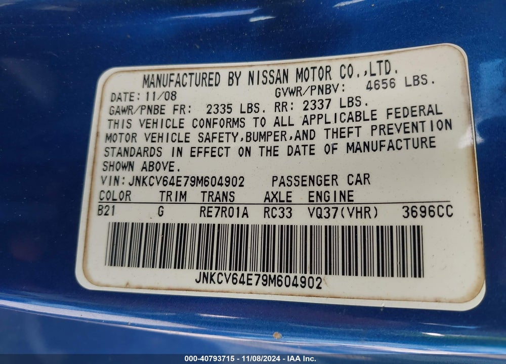 2009 INFINITI G37 JOURNEY VIN: JNKCV64E79M604902