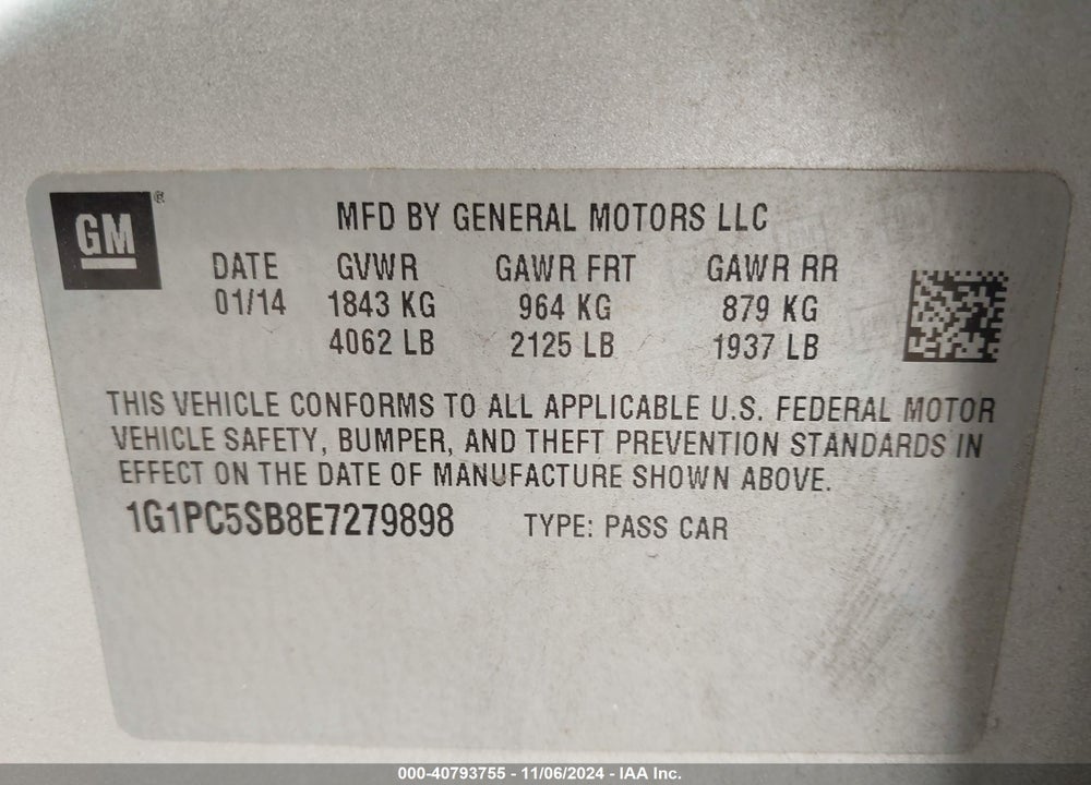 2014 CHEVROLET CRUZE 1LT AUTO VIN: 1G1PC5SB8E7279898