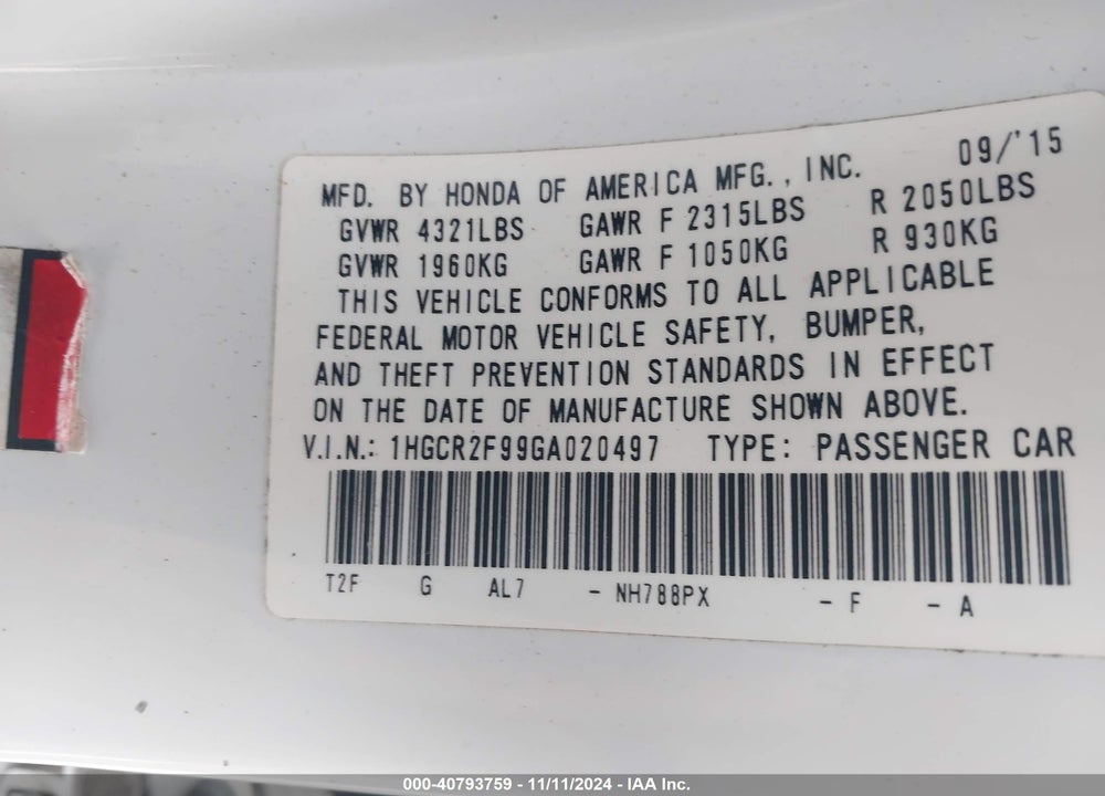2016 HONDA ACCORD VIN: 1HGCR2F99GA020497