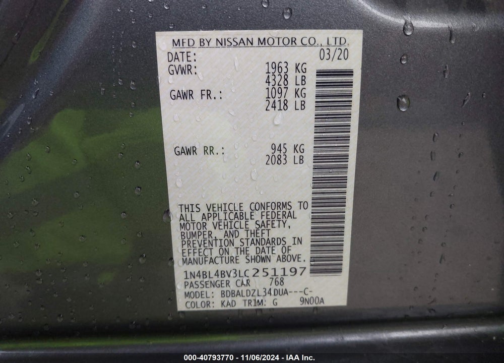 2020 NISSAN ALTIMA S FWD VIN: 1N4BL4BV3LC251197