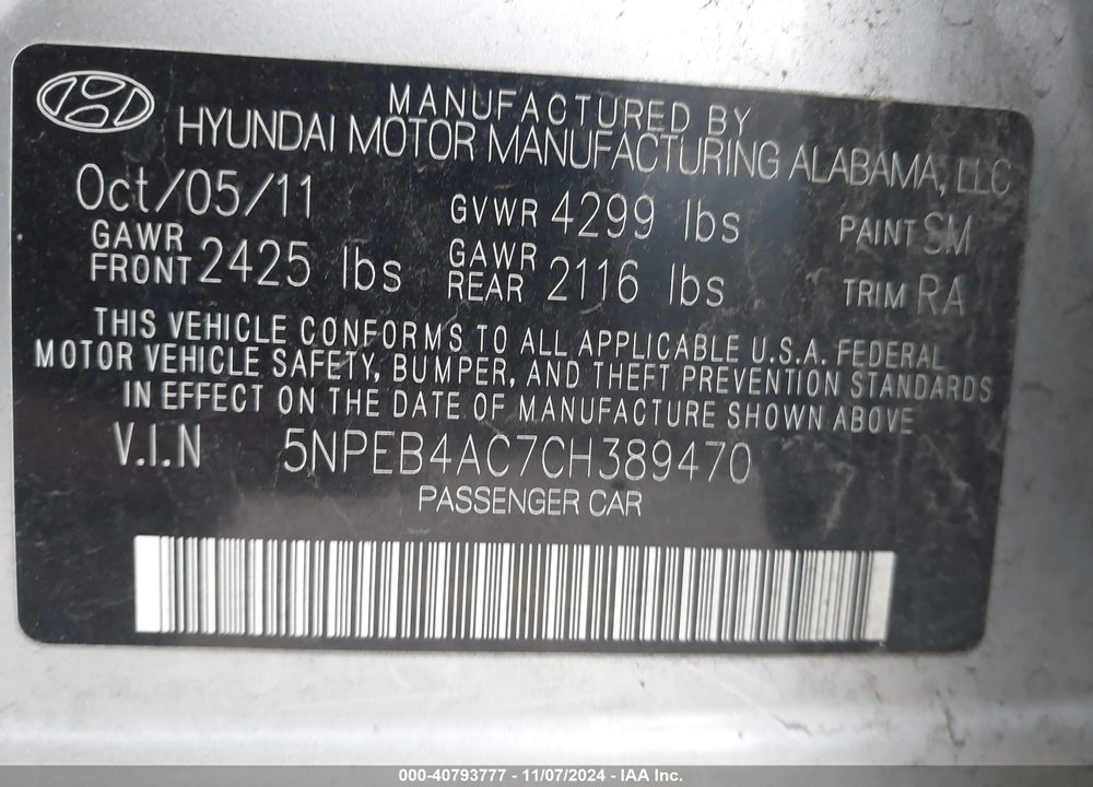 2012 HYUNDAI SONATA GLS VIN: 5NPEB4AC7CH389470