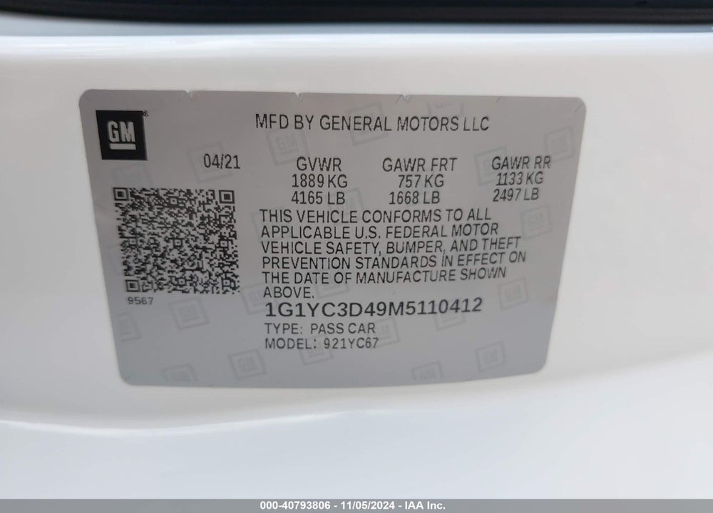2021 CHEVROLET CORVETTE STINGRAY RWD 3LT VIN: 1G1YC3D49M5110412
