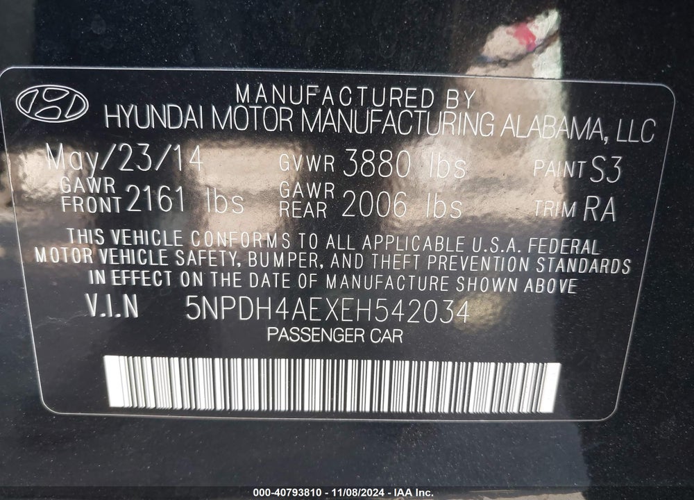 2014 HYUNDAI ELANTRA LIMITED VIN: 5NPDH4AEXEH542034