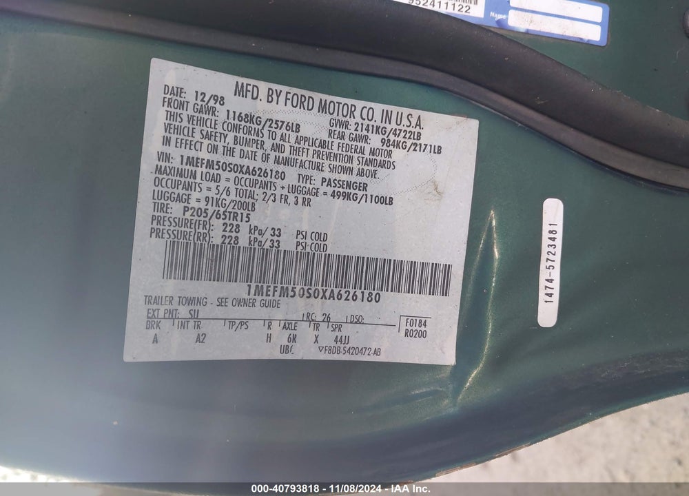 1999 MERCURY SABLE GS VIN: 1MEFM50S0XA626180